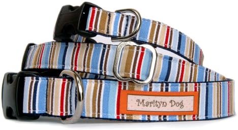 Шарени нашийник за кучета: Чист яка от памук тъкан в морската синя лента, за кучета от средни по размер. Ръчно изработени в САЩ. M