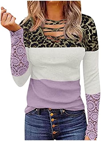 Дамски Блузи с Леопардовым принтом, Дизайнерски Блузи с V-образно деколте, Секси Жена Пуловер с Кружевными ръкави,