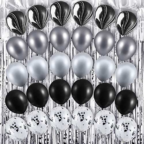 33 Обекта в комплект с Черни и Сребърни Украси за партита, комплектът включва Черна и Сребърни балони с Агатом Конфети,