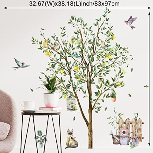 Pinenjoy Лимоново Дърво с Птици Котка Стикер на Стената Зелени Листа Стикери за Стена, 32,67x38,18 инча САМ Подвижни
