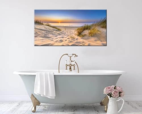 Плажна Стенно Изкуство за Баня - Залез на слънце Платно Стенен Декор Пясък Морски Пейзаж Картини за Спални