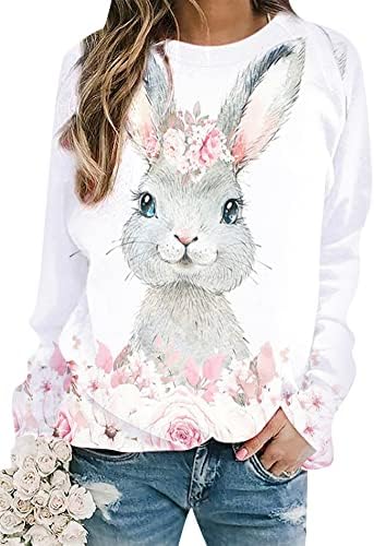 FLITAY Дамски Сладка Тениска с образа на Великденския Заек, Модни Класическа Риза с дълъг ръкав, Ежедневни Мека