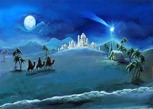 AOFOTO 7x5ft Коледен Фон Светото Семейство и Три Крал Фон за Снимки Коледна Лунна Нощ Приказка Празник Нова Година
