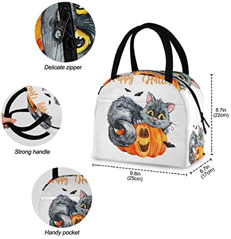 Случайна чанта за обяд Дамски - Хелоуин, Котешки Тиква, Акварелни Големи Запечатани Торби за Обяд с плечевыми ремъци