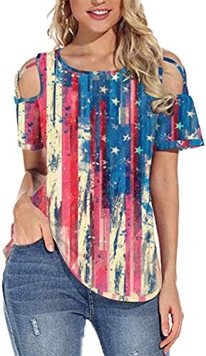 На 4 юли, Тениски за жени, Туника с къс ръкав и V-образно деколте, Потник с Американския Флаг на Звезди, Райета