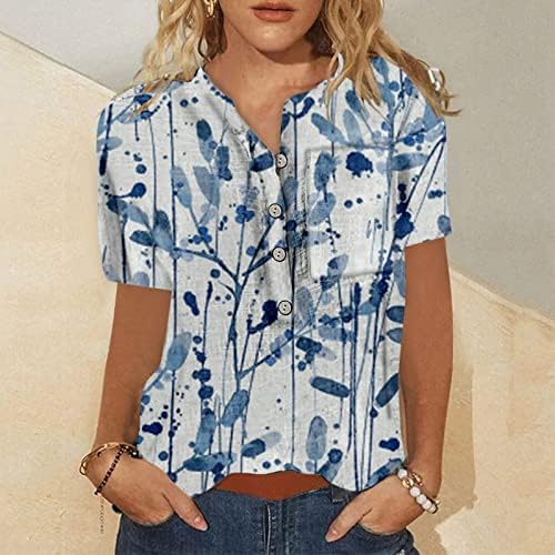 Жените Риза Хенли с Отворени Бутони, Летни Ежедневни Блузи Свободно Намаляване с Къс Ръкав, Графична Реколта Тениска,