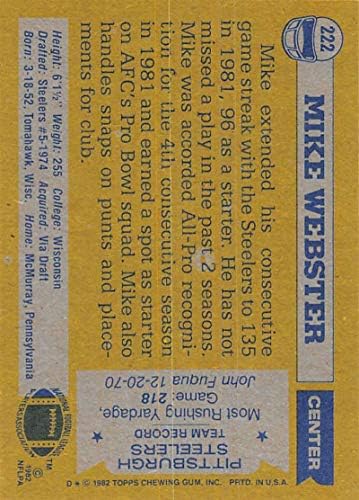 1982 Topps Football 222 Майк Уебстър Питсбърг Стийлърс