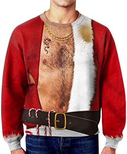XXBR Коледни тениски за мъже, 3D Забавен Коледен Принт Дядо Коледа с войник, Дълъг ръкав, Вечер Ежедневни Тениски