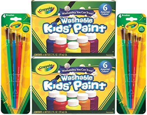 Миещ детски боя Crayola, 6 различни цвята, по 2 грама на всеки (опаковка от 2 броя), Общо 12 флакона + 8 Бонус четки за рисуване Crayola
