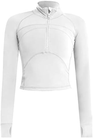 Дамски тренировочная яке за йога Flygo, Риза за бягане с дълъг ръкав с цип на 1/2 и отвор за палеца (Бяла, Средно)