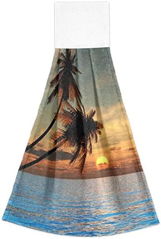 YYZZH Sunset Кокосова палма На плажа със Син океан, Кухненски Кърпи за ръце с плетене на една кука и линия Комплект