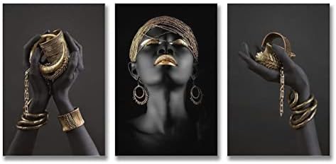 Комплект от 3 теми, Черно-Златни Картини върху Платно, Африкански Рисунки върху Платно, Стенни Художествени Плакати