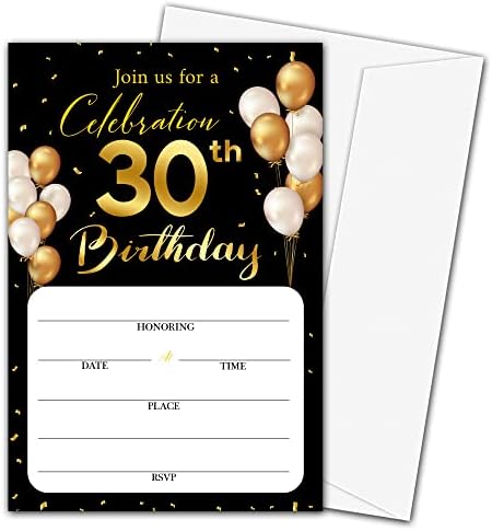 покани Картички на 30-ти рожден ден в пликове - Класическа златна Тема Попълнете Празните Покани Картички на парти