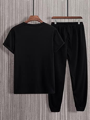 Мъжко облекло от две части NIBHZ, Мъжка тениска с заплатками и спортни панталони с завязками на талията (Цвят: черен,