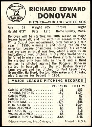 1960 Лист № 72 ГСМ Дик Донован Чикаго Уайт Сокс (Бейзболна картичка) (Малък портрет) NM + Уайт Сокс