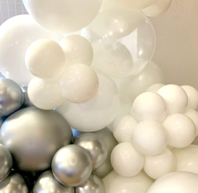Kelfara Бели и Сребърни балони 60шт 12 инча Матиран Бял Металик Сребро и Конфети Латексный Балон на Едро за Парти
