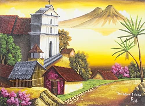 NOVICA Primary Или Jewel Colors Жълти Пейзажные реалистични картини Живопис от Гватемала Сан Антонио Палопо Ii