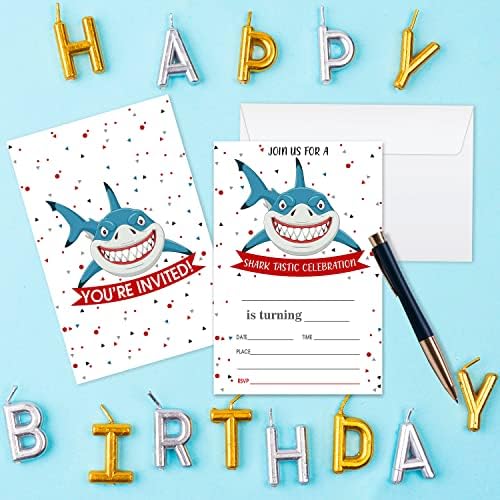 Покани, Картички за Рожден Ден AXAMDAM Shark Tastic, Покани за парти в стила на Акули за деца, момичета, 20 Картички