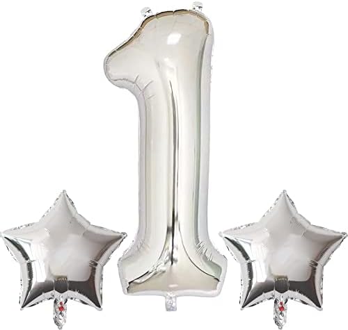 Bornsun 40-Инчови Сребърни балони Номер 1 в Първия Ден на Раждането, Сребърни балони за Първия Рожден Ден, Аксесоари