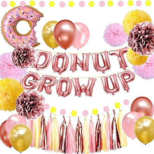 Аксесоари за парти с пончиками - Понички Растат балони, Банер от Розово злато, 18 Латексови балони, Rose Rose Gold, Yellow Тъканни Помпоны, Хартиени Цветя за детската душа, Пони