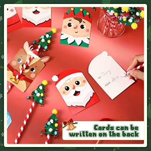 24 Комплект Коледни Дръжки от Кенди Бастуни с Поздравителни картички, Прекрасни Коледни Поздравителни Картички,