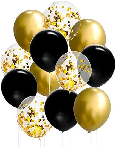 50 Бр 12 Инча Черни и Златни балони, Златни Топки с Конфети, Черни и Златни Метални Хромирани Латексови Балони за
