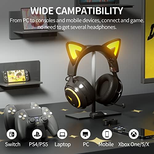 Безжични игрови слушалки SOMIC GS510 с кошачьими уши за PS5/PS4/ КОМПЮТЪР, Хубаво слушалки 2,4 G с прибиращ се микрофон,