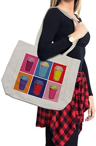 Чанта за пазаруване Ambesonne Кафе, Дизайнерски чаши кафе на в цветна рамка в стил поп-арт в стил ар нуво, дългогодишна